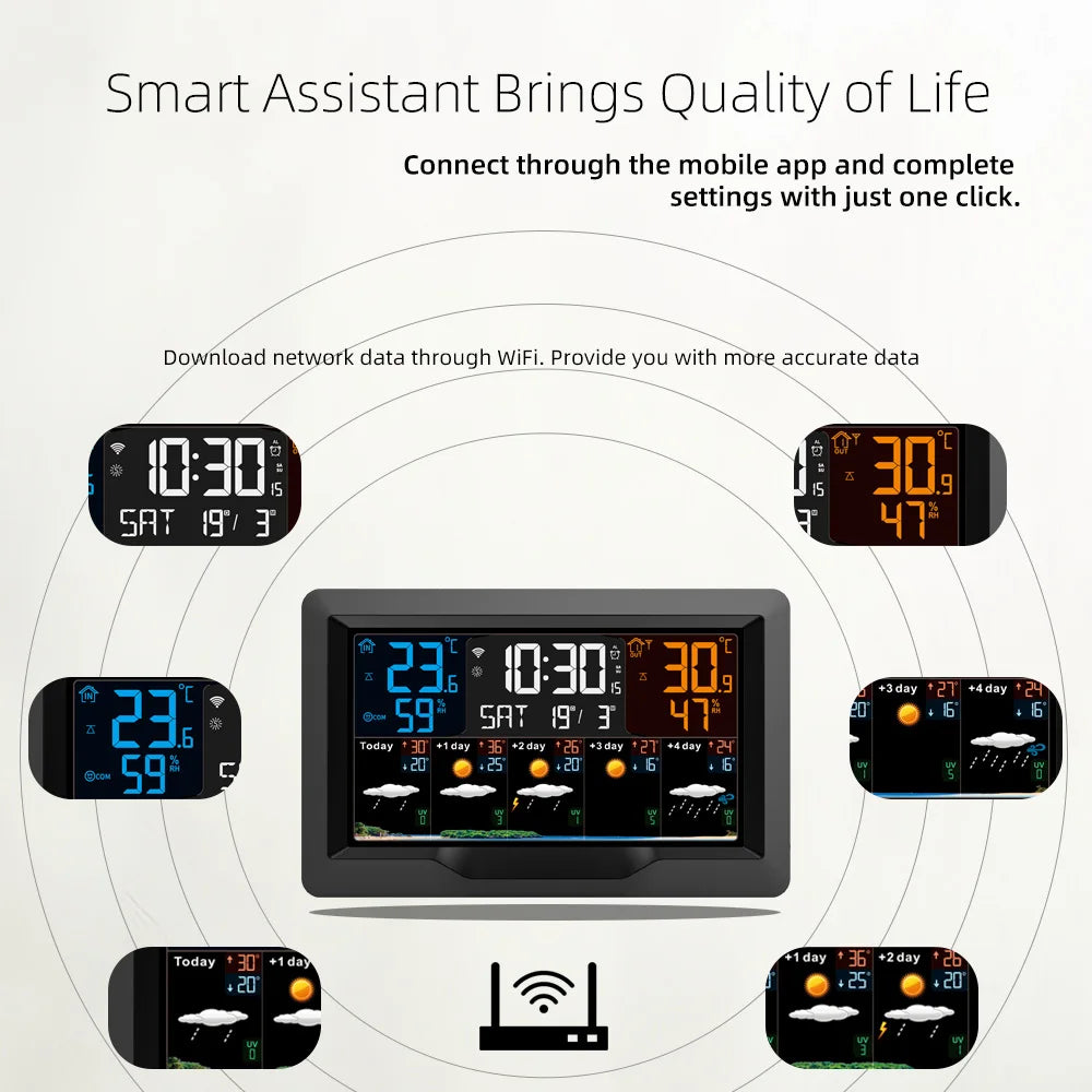 Tuya – Station météo intelligente WIFI, compteur de température et d'humidité, prévisions météorologiques, réveil météo multifonctionnel pour intérieur et extérieur