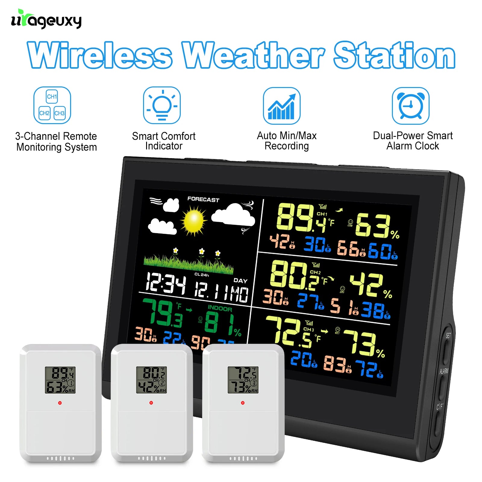 Station météo intelligente sans fil avec 3 capteurs, grand écran couleur, thermomètre et hygromètre numérique intérieur et extérieur pour le bureau et la maison