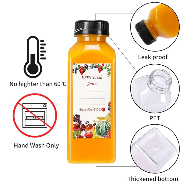 Bouteilles de jus de 500ML avec bouchons, bouteilles vides transparentes réutilisables avec entonnoir à brosse et étiquettes pour smoothies et autres boissons YY177