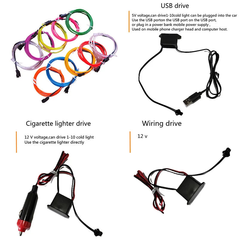 Bande LED d'éclairage d'ambiance intérieure de voiture, 5m, 5V, Tube de ligne de lumière froide EL Flexible avec USB, lampe d'ambiance de décoration automobile