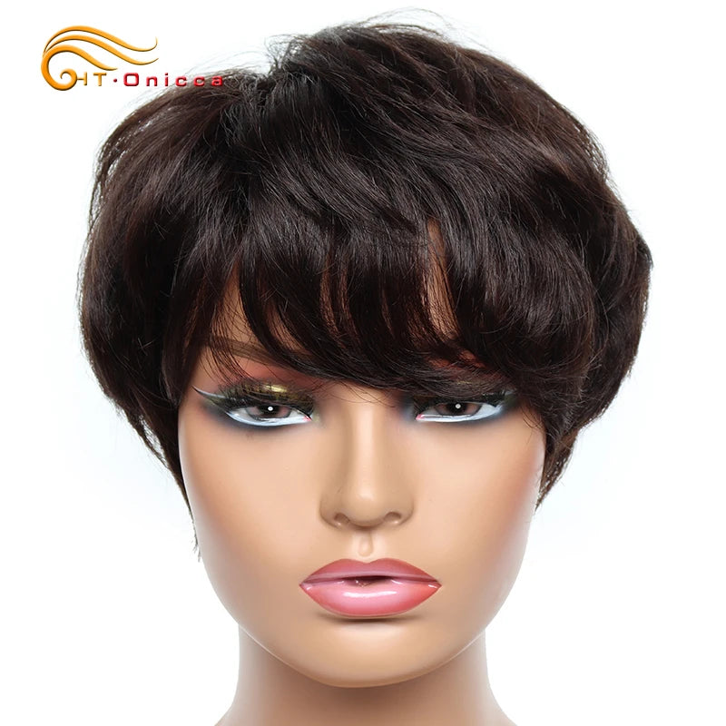 Cheap short human hair wigs, bob pixie cut human hair wig for women, Brazilian hair human hair wig, colored wig with bangs