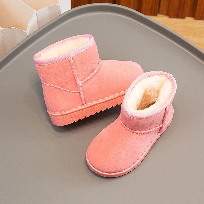 Bottes de neige pour enfants, Style concis, peluche épaisse, bottes courtes d'hiver pour enfants, couleur unie, chaussures classiques unisexes à enfiler pour garçons et filles 23-36