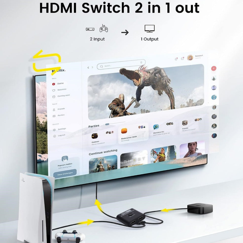 8K 60Hz 4K 120Hz HDMI Switch, 2-Port Bidirectional HDMI Splitter Switch for Laptop, Xbox, PS3/4, TV Box, and Projector/TV Monitoring