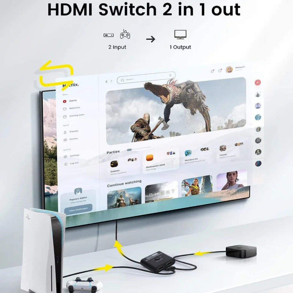 8K 60Hz 4K 120Hz HDMI Switch, 2-Port Bidirectional HDMI Splitter Switch for Laptop, Xbox, PS3/4, TV Box, and Projector/TV Monitoring