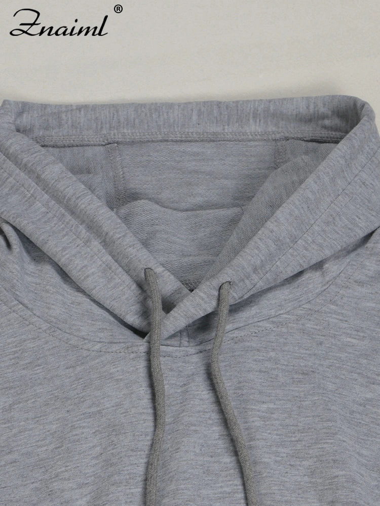 Znaiml gris tenue femmes Sport deux 2 pièces hiver sweat à capuche hauts et pantalons à jambes larges survêtement Streetwear Sportsuit 2025