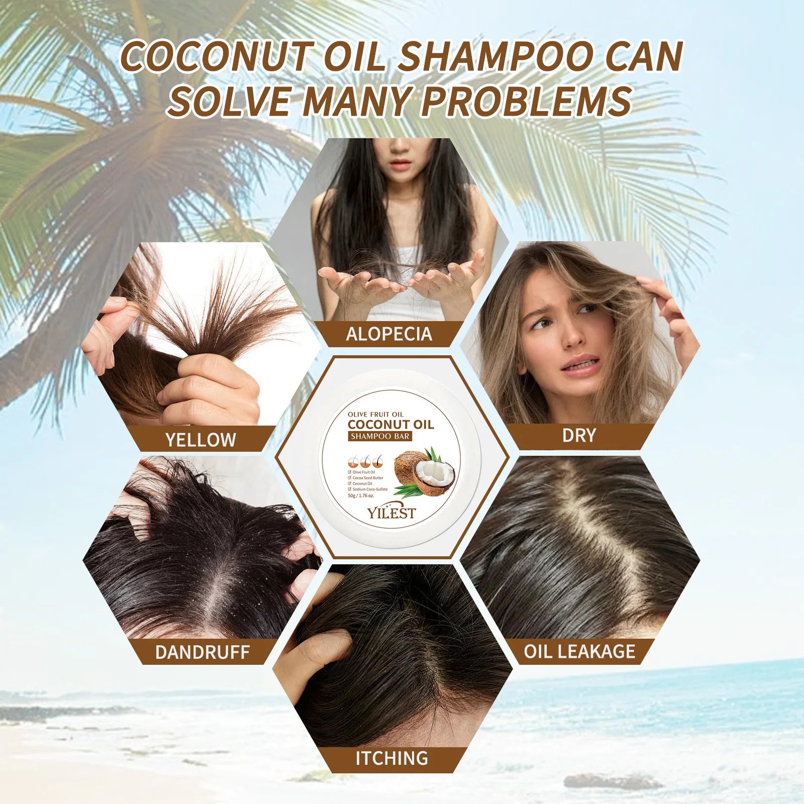 Shampoing à l'huile de noix de coco naturelle biologique, savon solide fait à la main, nourrit les cheveux, Anti-frisottis, assombrissant, renforcement des cheveux, soins capillaires