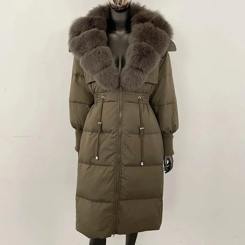 Doudoune longue avec col en fourrure pour femme, pardessus en fourrure de renard, longueur aux genoux, à la mode, chaude, cintrée à la taille, vêtements d'extérieur amincissants