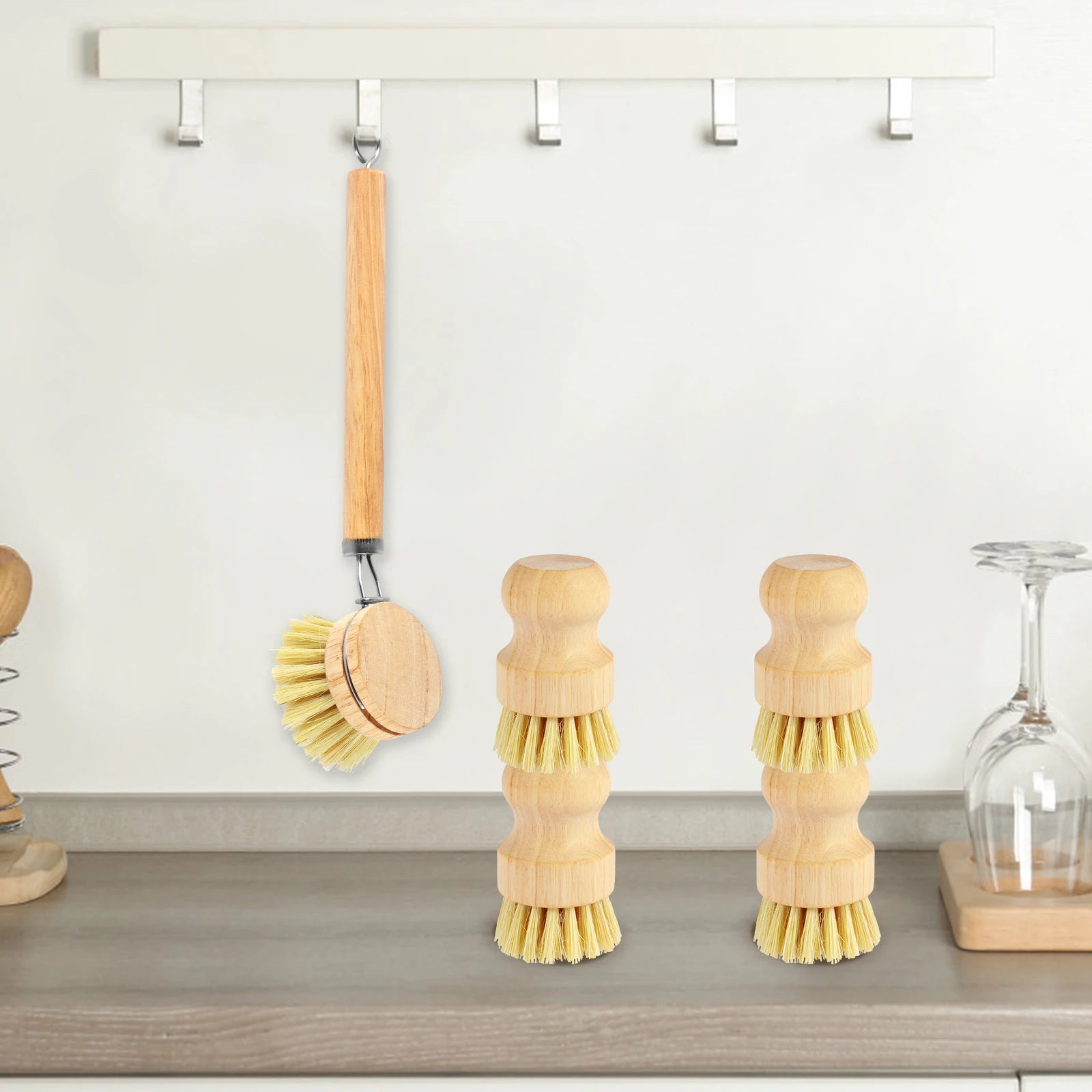 Brosses à vaisselle en bambou remplaçables, épurateurs de nettoyage en bois de cuisine, outil de nettoyage ménager, 4/5 pièces