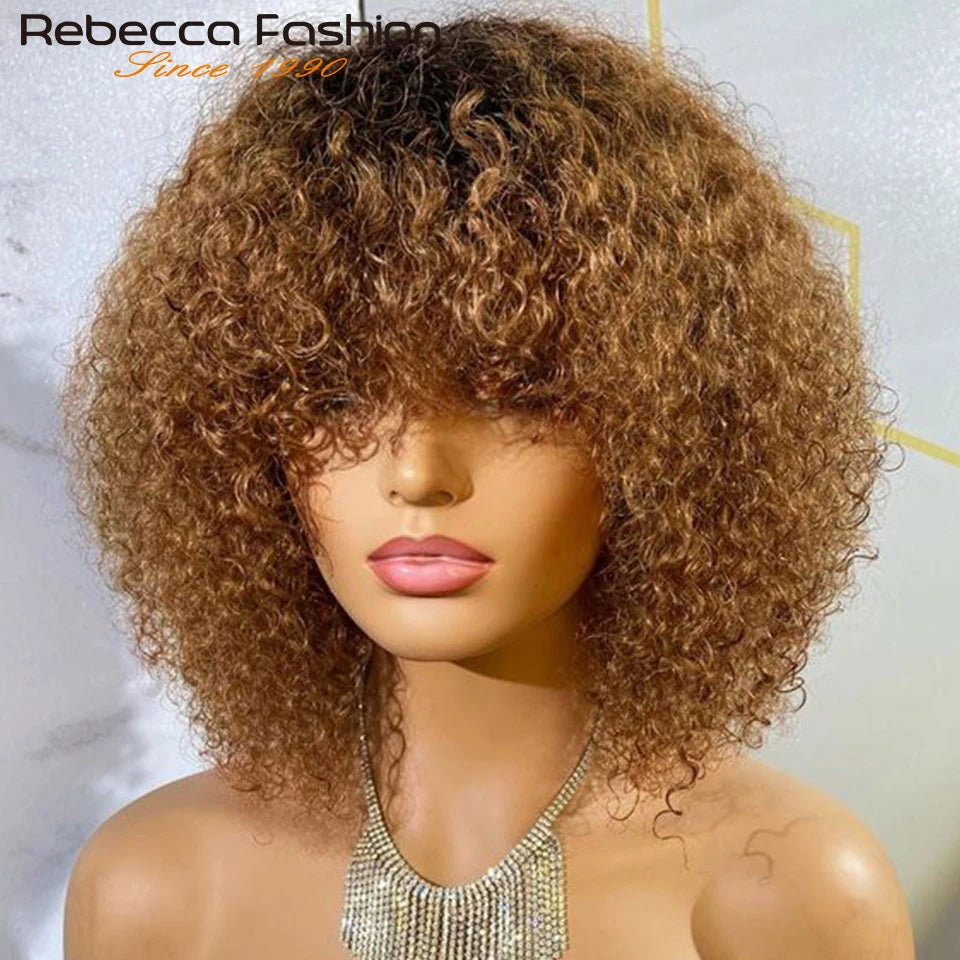 Perruques de cheveux humains Pixie Cut Bob avec frange pour femme, perruque pleine machine bouclée, surbrillance, couleur blond miel, court, caution