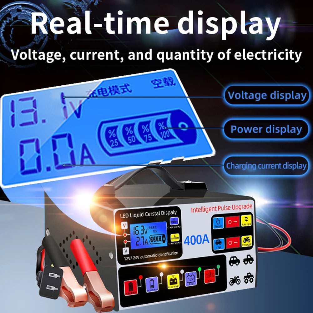 High-power car battery charger, fast charger, intelligent pulse repair, automatic shut-off, 400A, 12V, 24V, 220W