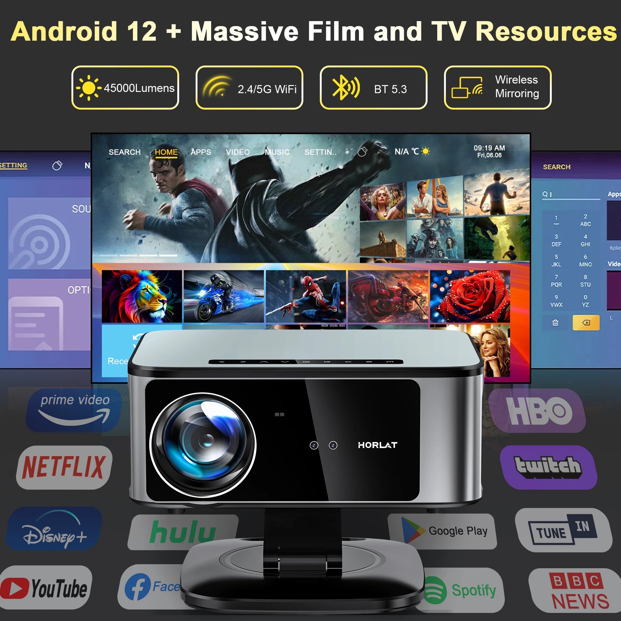 2025 Horlat 45000 Lumens 4K UHD projecteur Laser TOF Focus Android 12 WiFi 1080P Full HD projecteur de cinéma maison pour Netflix