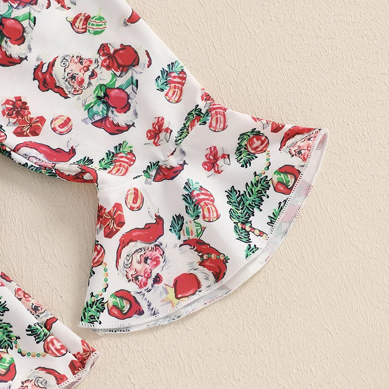 Ensemble pantalon de noël pour bébés filles, barboteuse côtelée à manches longues, imprimé père noël oiseau, pantalon évasé, bandeau