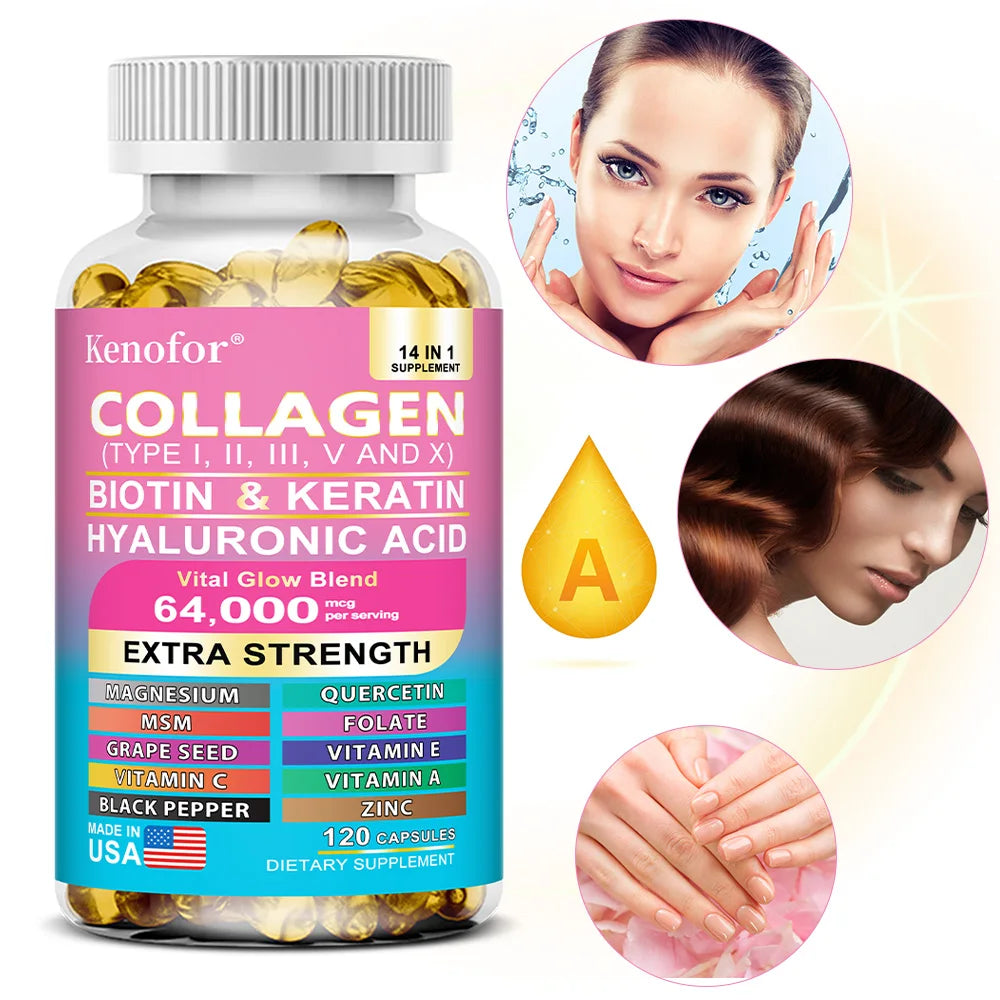 Kenofor collagène 1000 mg avec biotine 10,000 mcg, kératine acide hyaluronique vitamine C formule saine complément alimentaire sans gluten