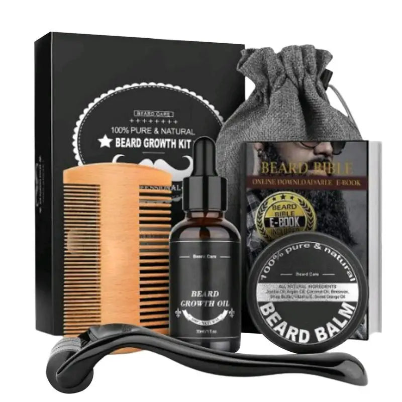 5 pièces hommes barbe Barba toilettage barbe ensemble barbe croissance huile hommes rehausseur de cheveux plus épais moustache toilettage barbe soin huile peigne sac