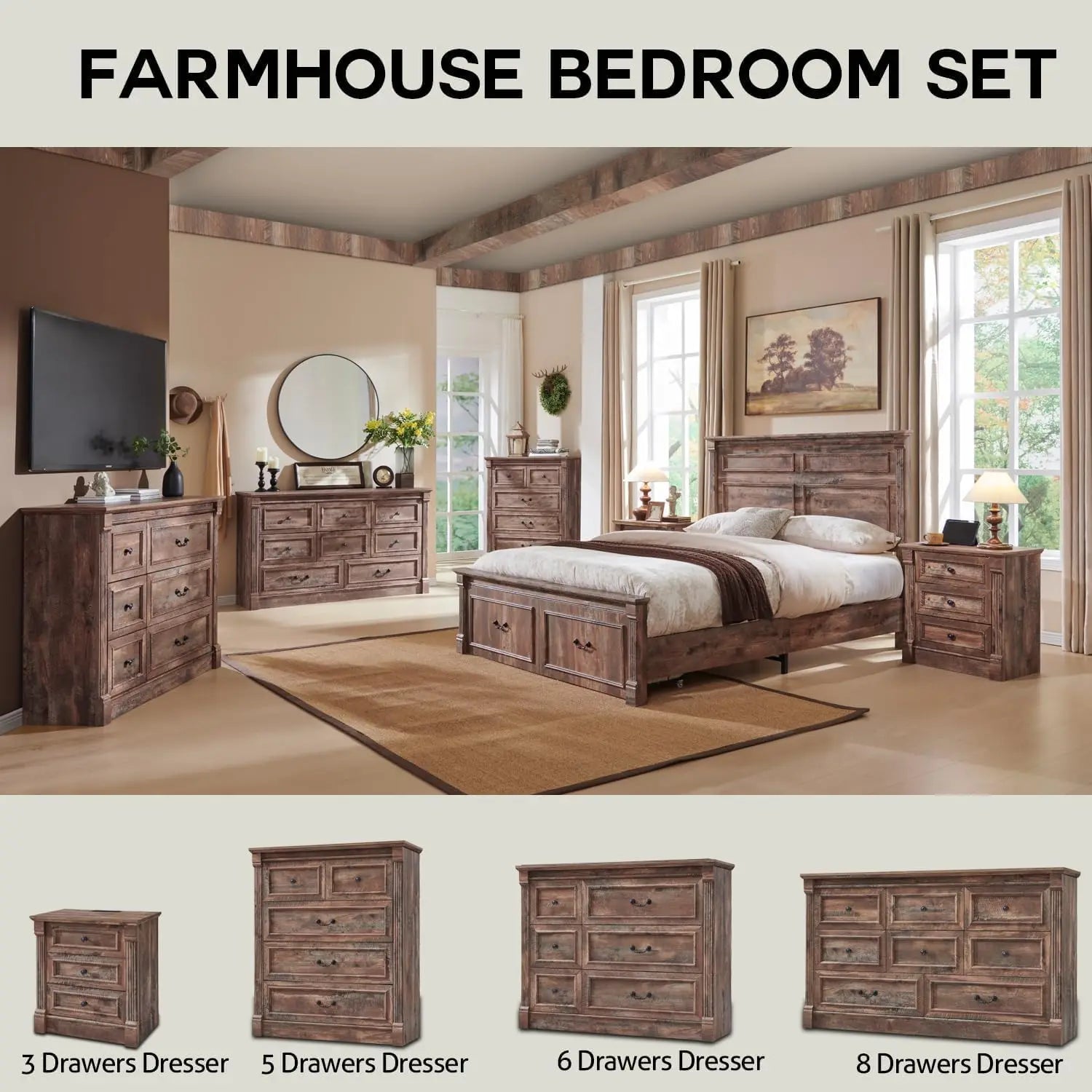Cadre de lit queen size Farmhouse, avec tête de lit de 51 po de hauteur, cadre de lit en bois avec pied de lit de 20 po de hauteur et 2 grands tiroirs de rangement