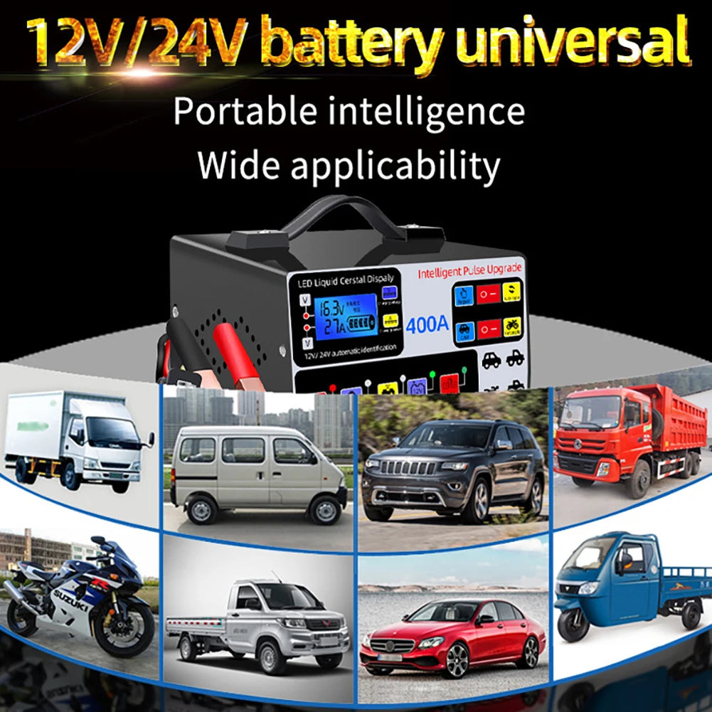 High-power car battery charger, fast charger, intelligent pulse repair, automatic shut-off, 400A, 12V, 24V, 220W