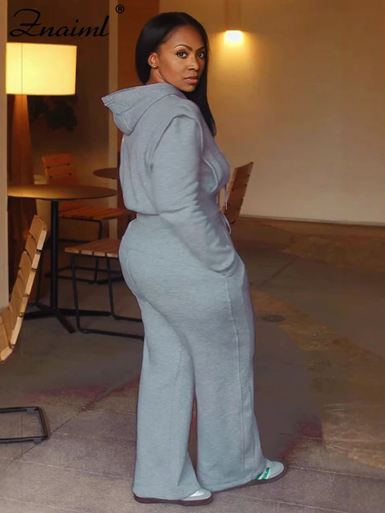 Znaiml gris tenue femmes Sport deux 2 pièces hiver sweat à capuche hauts et pantalons à jambes larges survêtement Streetwear Sportsuit 2025