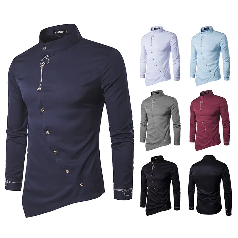 Gothic Men's Shirts, Irregular Button Shirts, Elegant Embroidery, Social Dress Shirt, Men's Streetwear Clothing, Tops