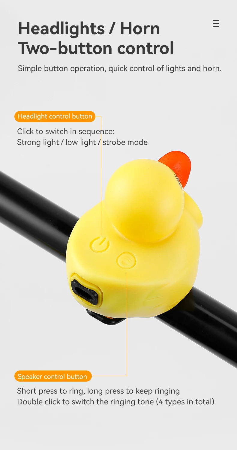 Lumière de vélo pour enfants, équitation de nuit, petit canard jaune, sonnette pour enfants, lampe de poche, phare de vélo pour cyclisme, lampe avant de vélo