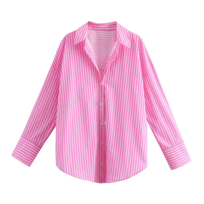 ETJ 2025 femmes printemps nouvelle mode européenne-américaine rayé à manches longues revers version ample popeline chemise sélection multicolore