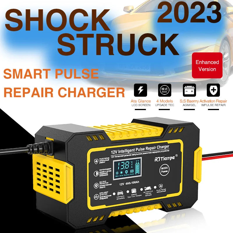 12V 6A Car Battery Charger, Pulse Repair, LCD Screen, Smart Fast Charging, AGM, Deep Cycle, GEL, Lead Acid, for Cars and Motorcycles