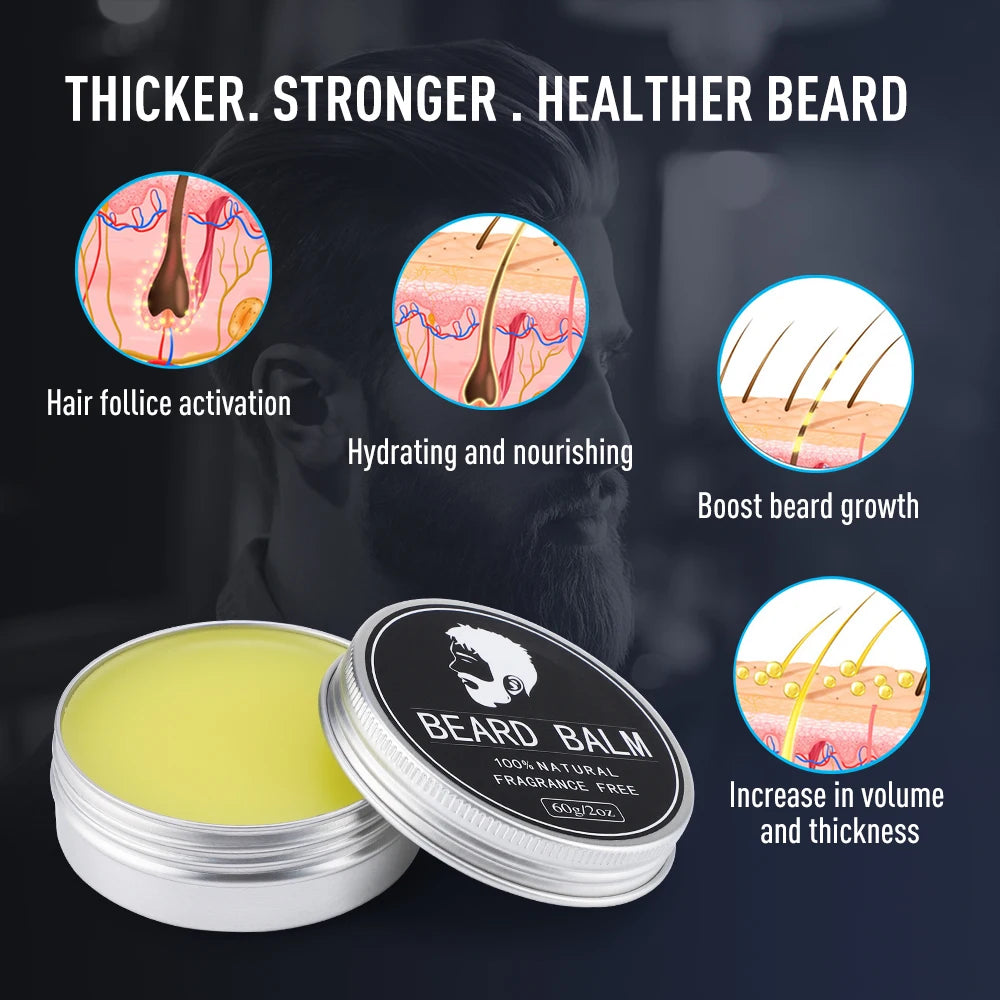Baume à barbe pour hommes, 60g, cire de croissance des poils du visage, épais, hydratant, nourrissant, crème professionnelle pour moustache, soins pour la barbe
