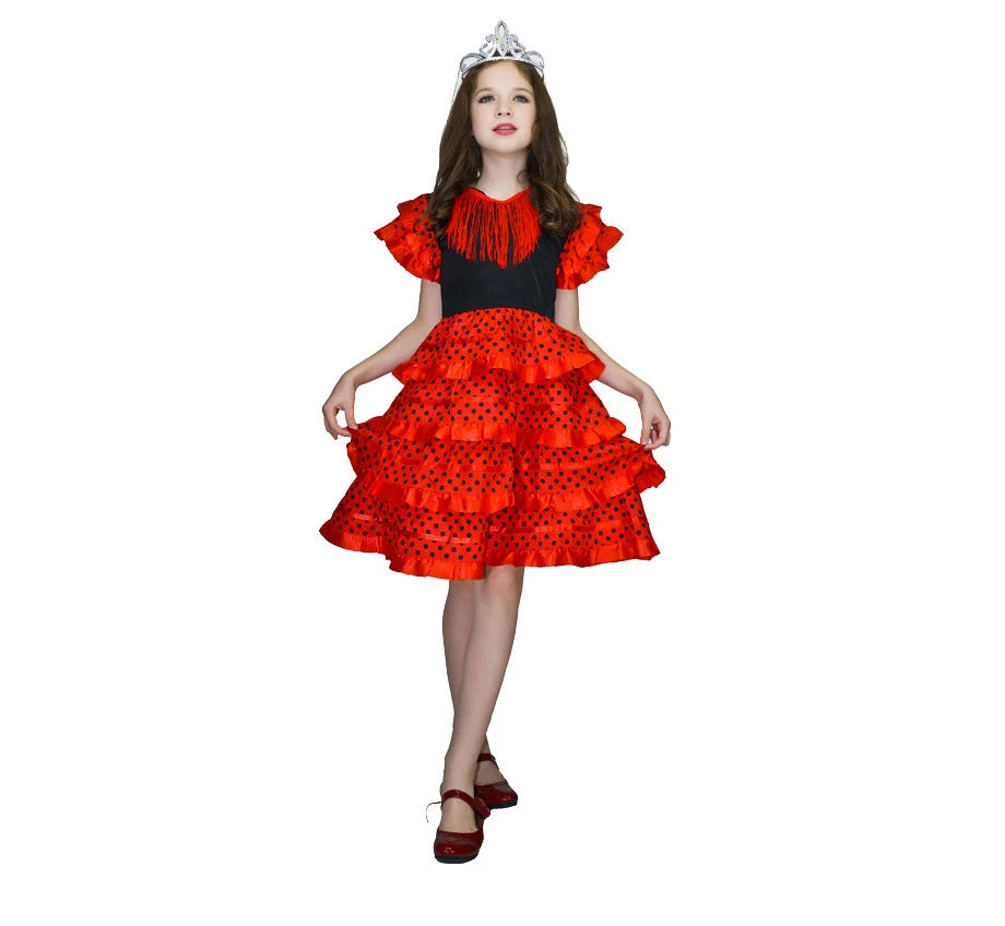 Robe de danse traditionnelle espagnole pour filles, robe de Festival à pois avec pompon, quatre couleurs, jupe classique de Style Flamengo gitane pour enfants