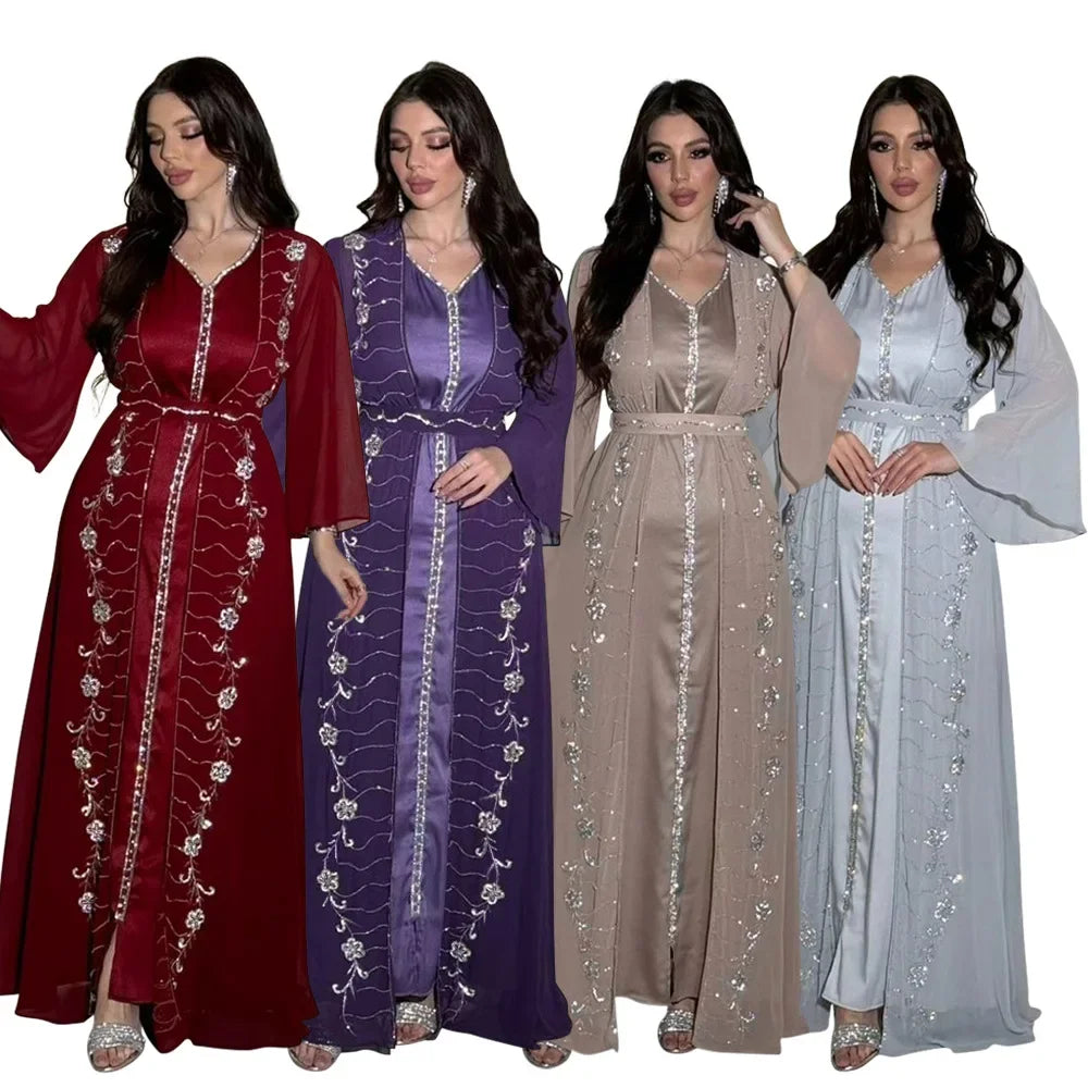 Elegant 2-piece set for Muslim women, open Arabic Eid abaya dress, Islamic jalabiyya, luxury Turkish dress, Moroccan caftan