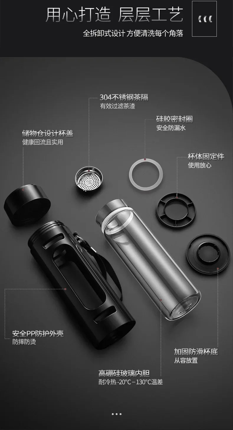 400, 600, 800, 1000ml glass bottle/cup with filter cord, plastic case, glass cup, water bottle, business gift, black/blue