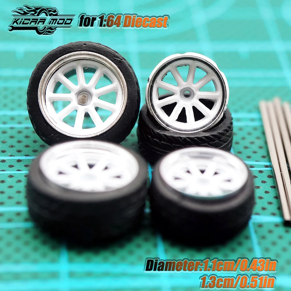 KicarHapp1/64-Jantes Métalliques ABS avec Caoutchouc pour Voiture Miniature, Pièces de Réaménagement Avant, Petite et Arrière