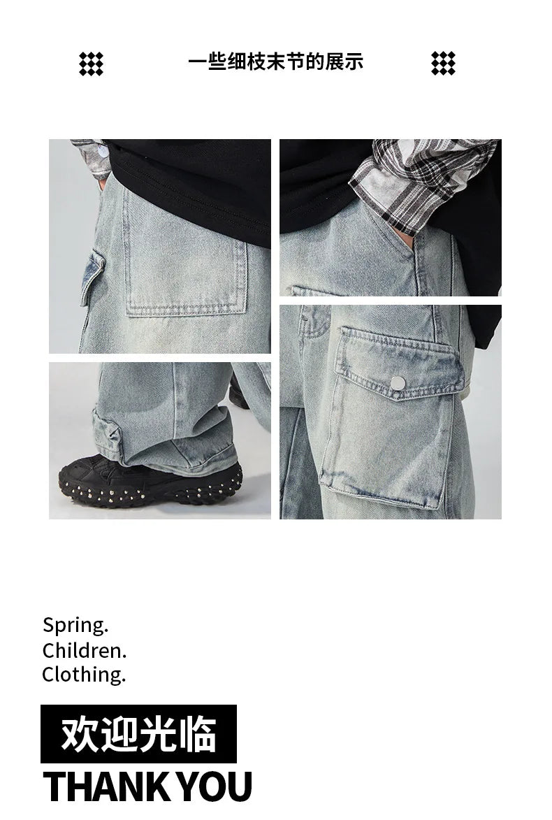Jean ample à jambes larges pour garçons, pantalon de travail pour enfants moyens et grands, coupe confortable, printemps-automne