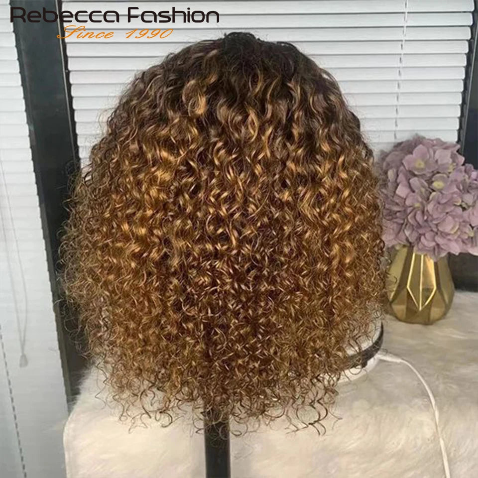 Perruques de cheveux humains Pixie Cut Bob avec frange pour femme, perruque pleine machine bouclée, surbrillance, couleur blond miel, court, caution