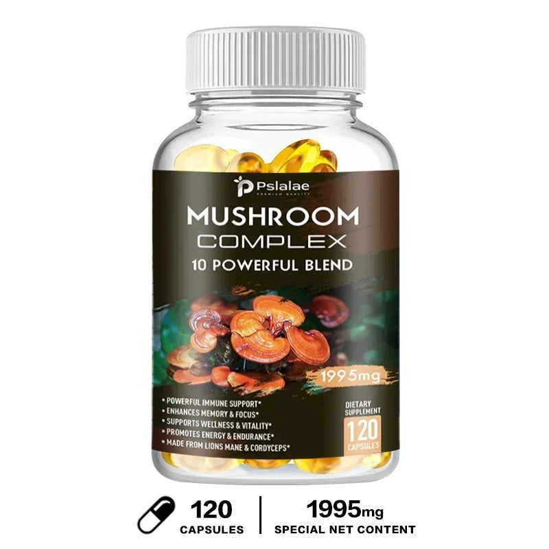 Capsules complexes de champignons - Cordyceps Reishi, immunité, stress, énergie, clarté mentale et soutien de la concentration - Supplément cérébral