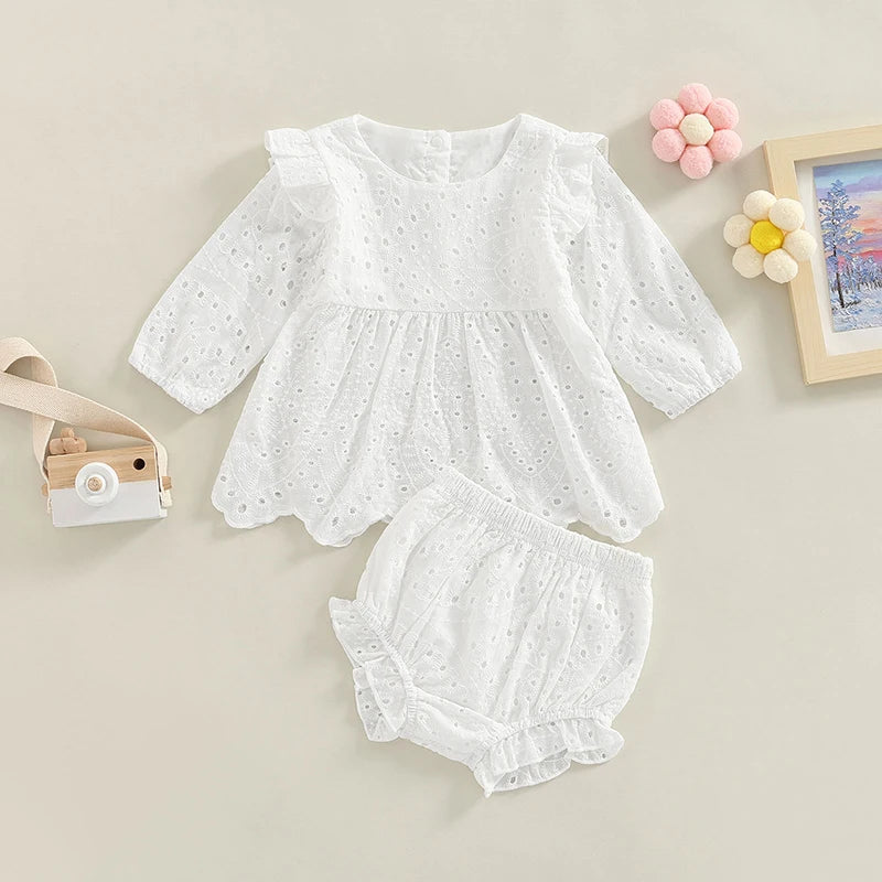 Ensemble de vêtements pour bébés filles de 0 à 24 mois, couleur unie, col rond, t-shirt à manches longues et short élastique à volants décontracté