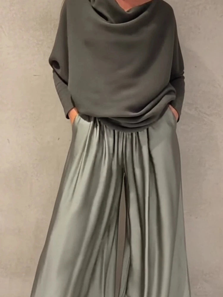 Elegant Off-the-Shoulder Satin Top and Wide-Leg Pants Set, Slash Neck, Irregular Fashion, Solid, Commuter Outfits, Simple Loose Sets for Women