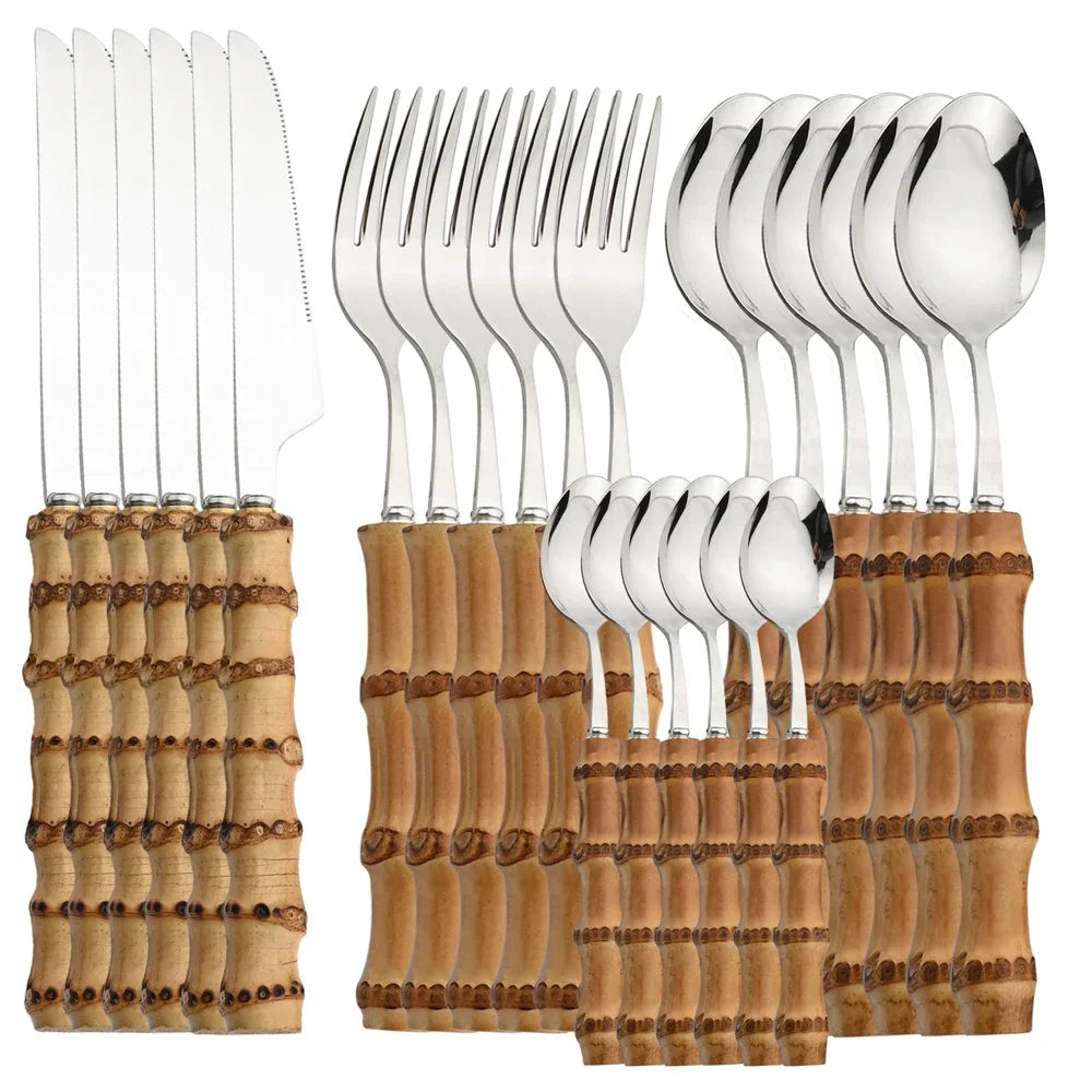 24 pièces ensembles de vaisselle en bambou ensemble de couverts en bambou en acier inoxydable poignée purement naturelle ensemble de couverts vaisselle couteau à Steak couverts