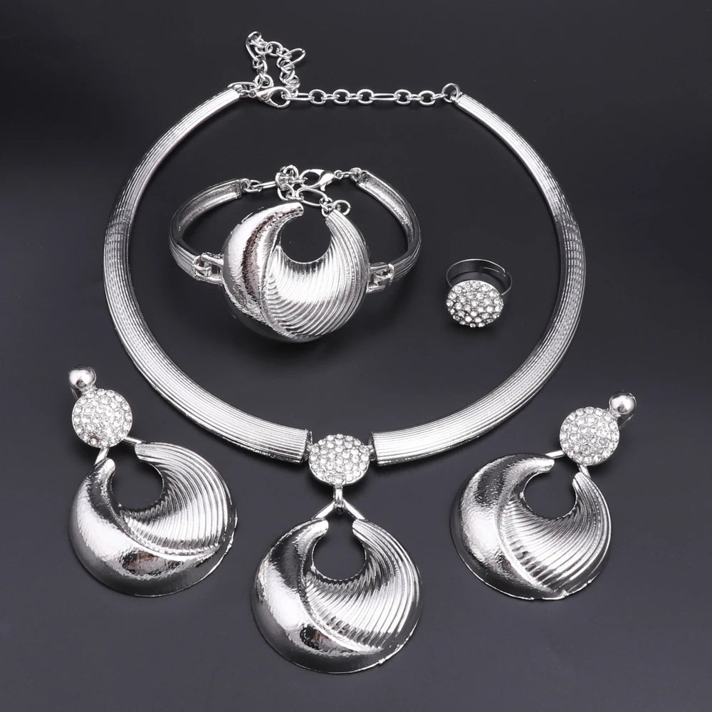 Ensemble de bijoux de dubaï pour femmes, plaqué argent, collier, boucles d'oreilles, Bracelet et bague de luxe, bijoux pour fête de mariage, tendance ﻿