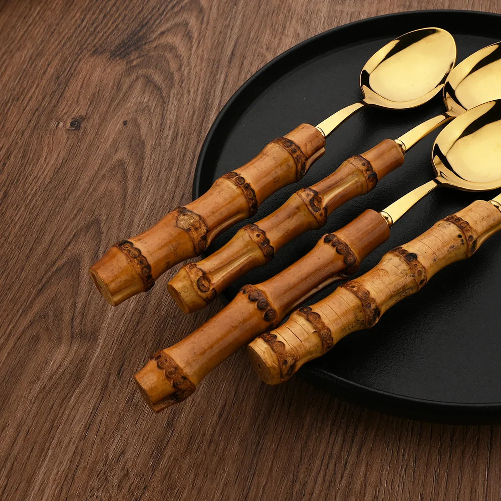 Couverts en acier inoxydable avec manche en bambou naturel, 24 pièces, service de table, couteau à steak