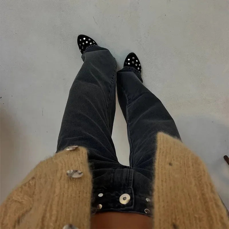 Y2K Vintage jean Flash argent étoile motif métal Rivet jean femme Baggy décontracté jambe droite Denim pantalon Simple femmes vêtements