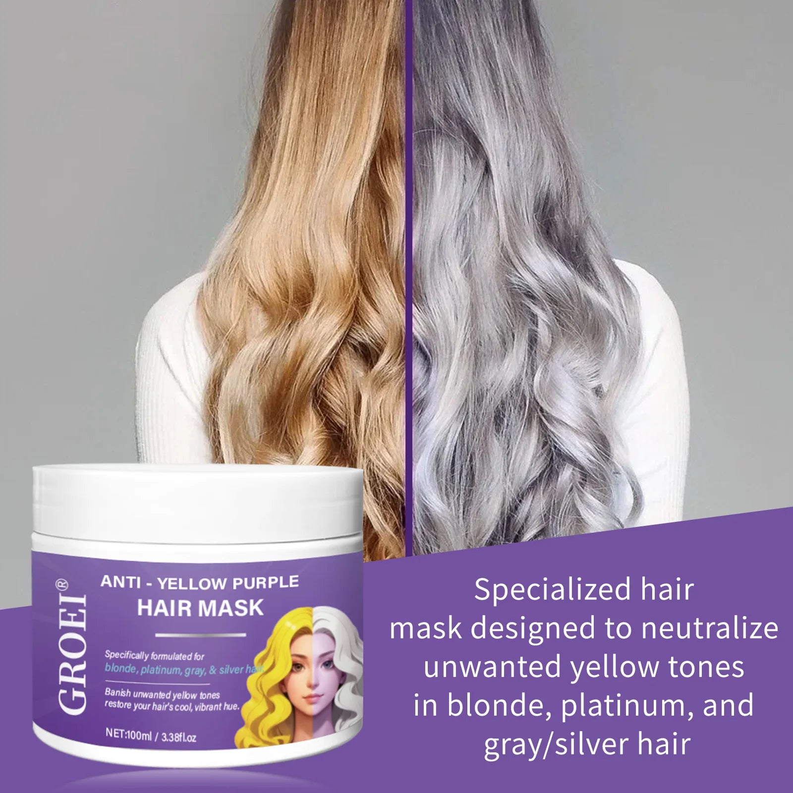 Masque capillaire qui élimine les tons jaunes et nourrit en profondeur les cheveux, améliore la brillance des cheveux et restaure la couleur des cheveux.