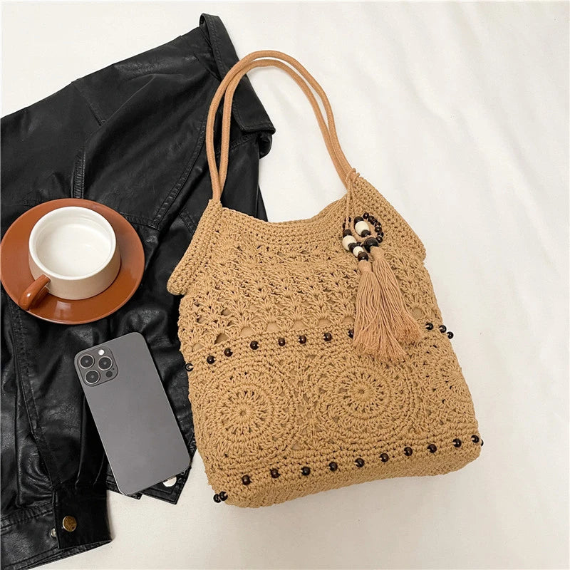 Sac à main tissé de grande capacité, sac à bandoulière ajouré, fourre-tout en Crochet, fourre-tout bohème tissé pour femmes, sacs de Shopping tricotés
