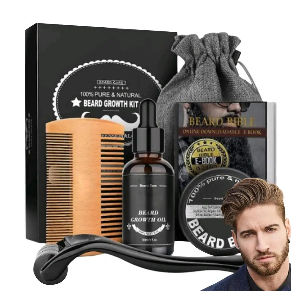 5 pièces hommes barbe Barba toilettage barbe ensemble barbe croissance huile hommes rehausseur de cheveux plus épais moustache toilettage barbe soin huile peigne sac