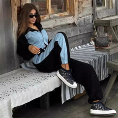 Ensemble 2 pièces en denim patchwork pour femmes, tenue décontractée, sweats à capuche minces, haut court, pantalon de survêtement à jambes larges, streetwear imbibé, survêtements à la mode