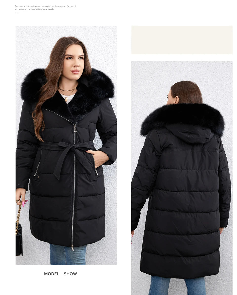 HaiLuoZi-Doudoune Longue en Coton pour Femme avec Ceinture en Fourrure, Manteau à Revers, Fermeture Éclair Indépendante, Vêtements d'Extérieur, Nouvelle Collection Hiver 2023, 1171