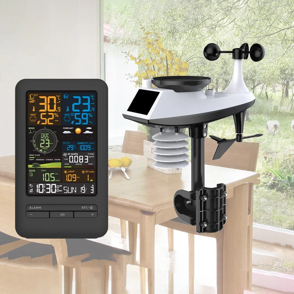 Tuya WiFi Station météo intelligente horloge compteur de température et d'humidité compteur de vitesse et de direction du vent écran couleur horloge numérique