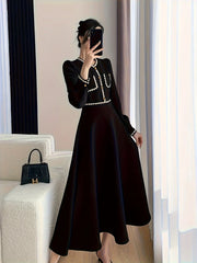 [Robe élégante à col en V] Robe élégante à col en V, ligne a, garniture contrastée, manches à manchette, boutons, vêtements pour femmes pour le printemps et l'automne
