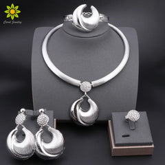 Ensemble de bijoux de dubaï pour femmes, plaqué argent, collier, boucles d'oreilles, Bracelet et bague de luxe, bijoux pour fête de mariage, tendance ﻿