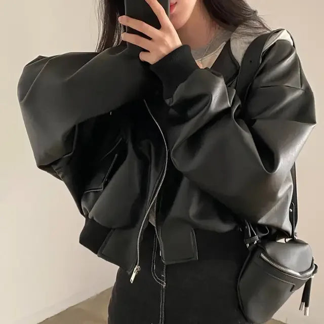 Women's Two-Piece PU Faux Leather Hooded Jacket, Short, Vintage, Casual, Fashionable, Spring/Autumn 2025