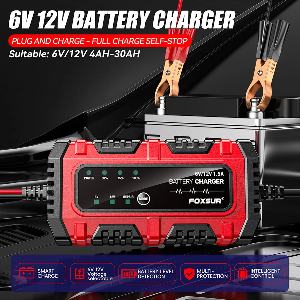 6V 12V 1.5A Electric Car Battery Charger, for Electric Motorcycles, Smart, for Car, Truck, Boat, SUV, AGM GEL Lead-Acid Batteries
