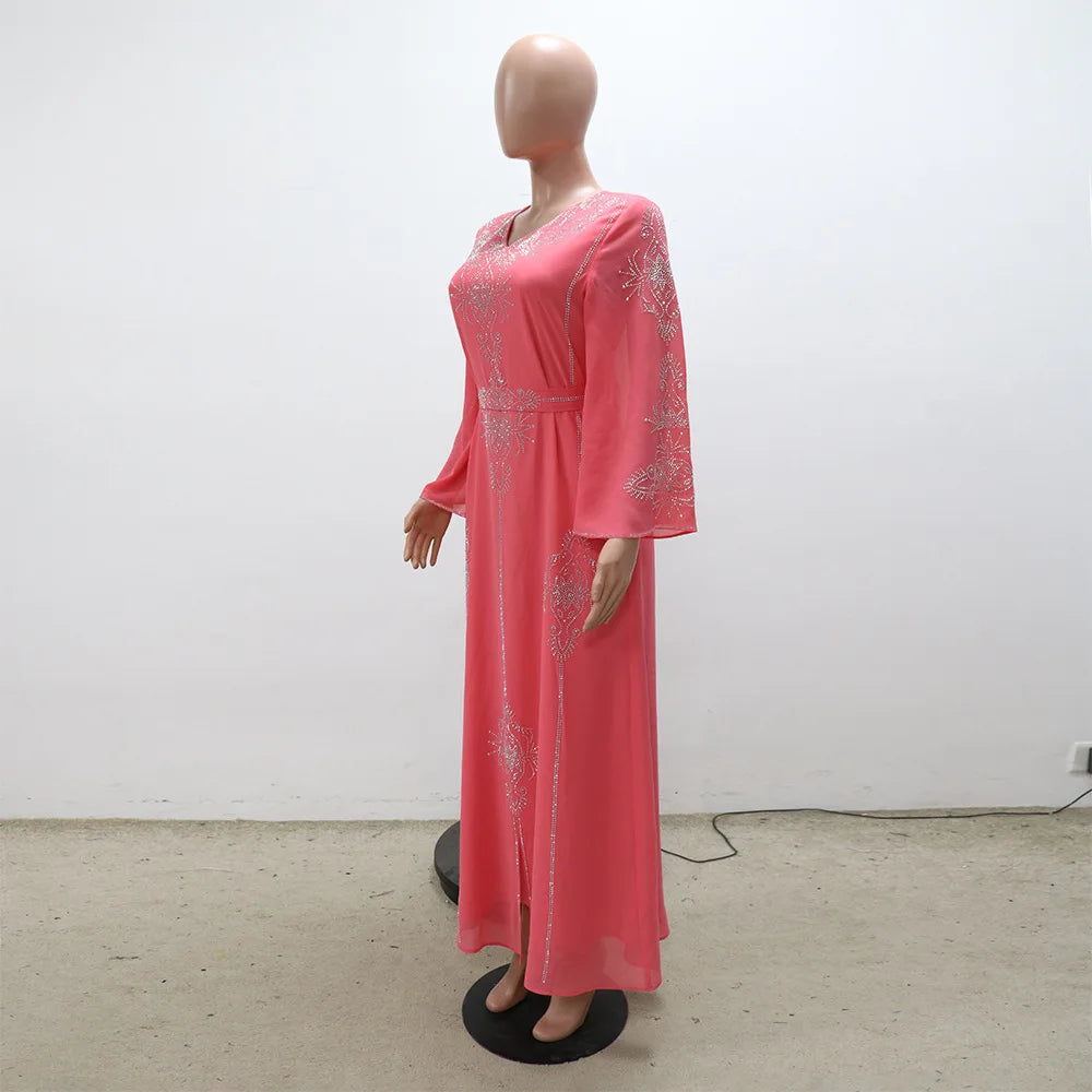 Eid Jalabiya - Women's Muslim Evening Dress, Diamond Lace-Up Arabic Abayas, Long Dresses, Elegant Dress, Educational Dress for Ramadan